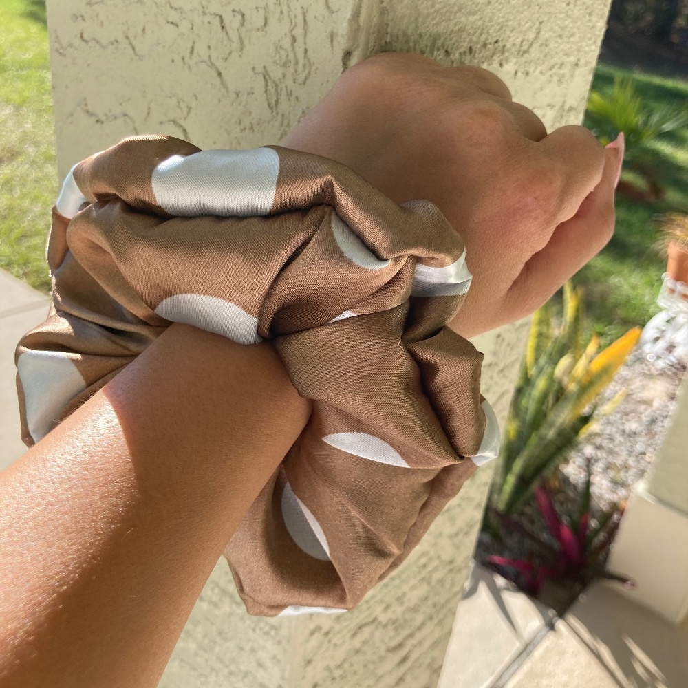 3 Handmade Satin Brown with Blue Dot Scrunchies